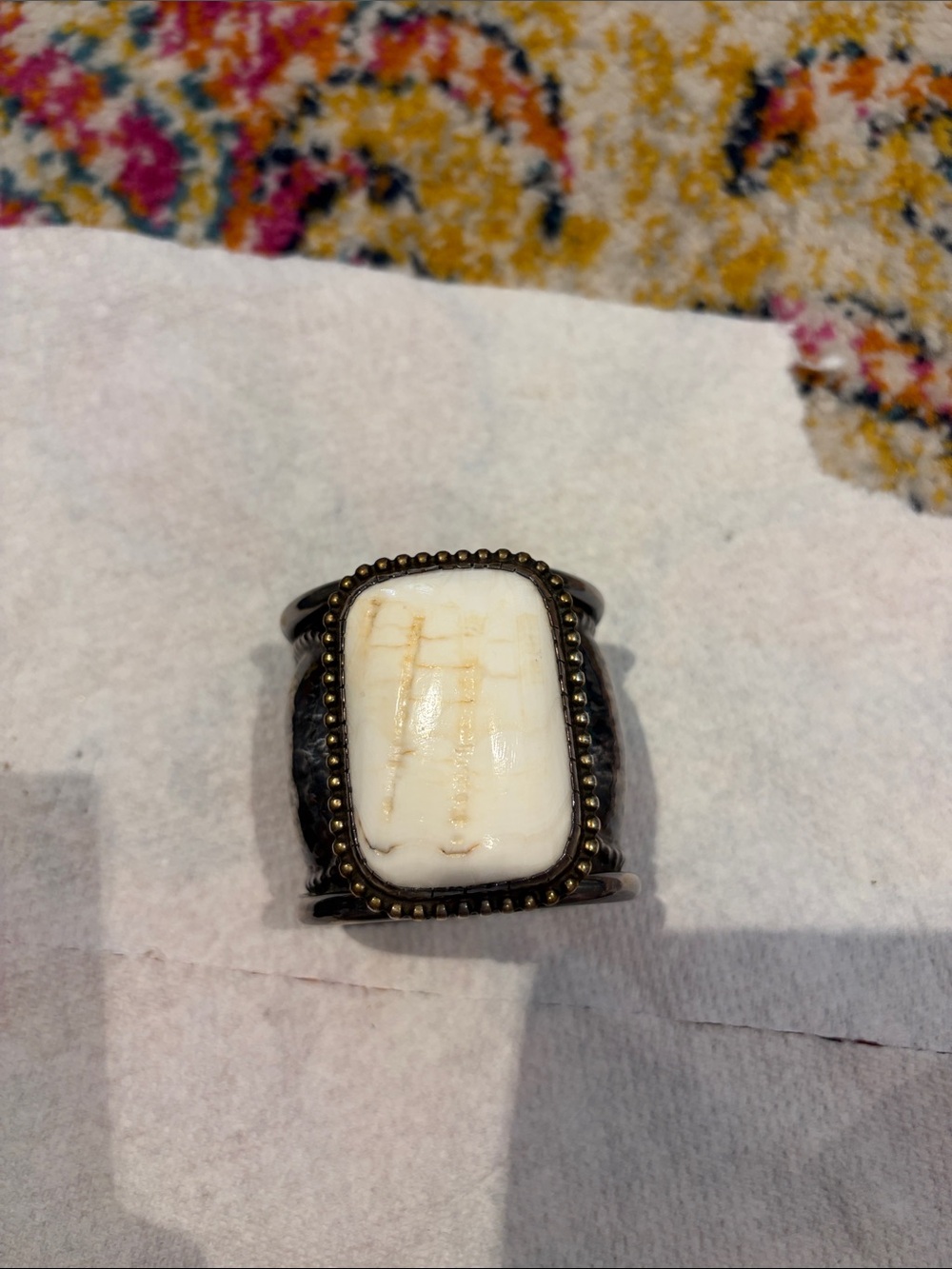 Ivory-Tone Stone Beaded Edge Bracelet - Women’s Fashion Cuff